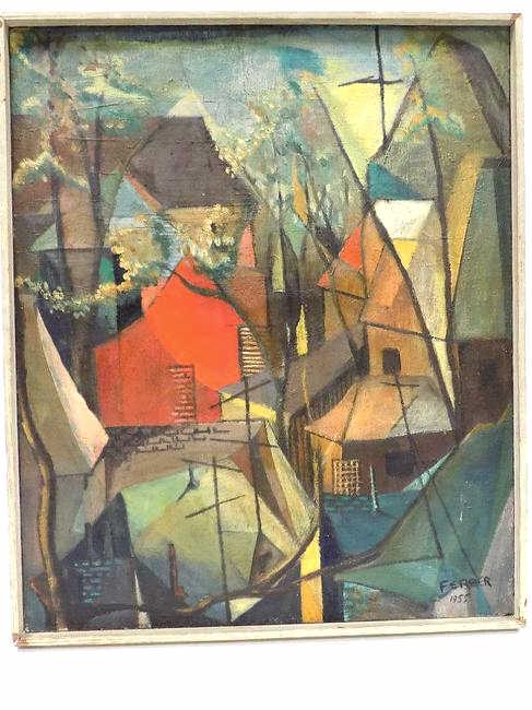 FERRER - ABSTRACT VILLAGE PAINTING: Attributed Raphael Ferrer - American Puerto Rico b.1933 - Abstract Village Painting. Oil on Canvas. Signed and Dated 1955 Lower Right. 25.50" x 31" Midcentury Frame. Provenance: Private New York Colle