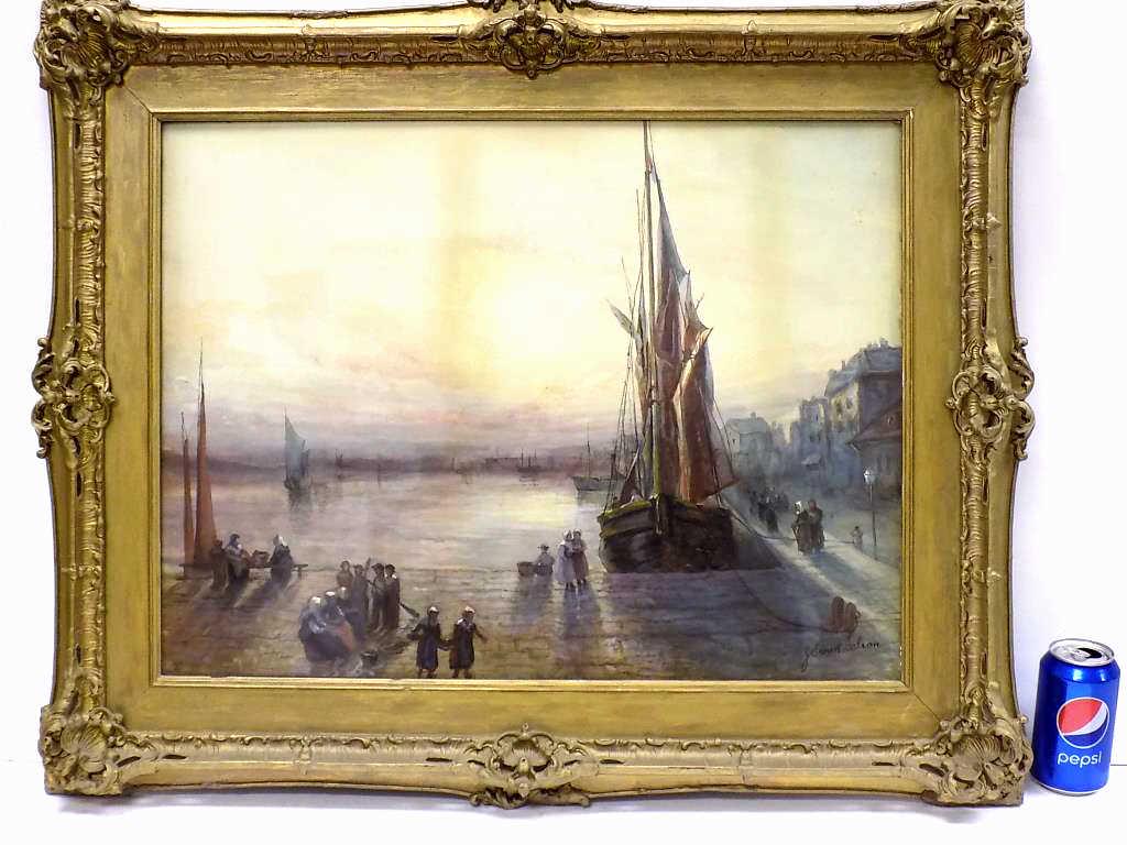 J. ERNEST GALVAN - SAILBOATS HARBOR WATERCOLOR: J. Ernest Galvan - American Pennsylvania / New York 1838-1915 - Detailed Luminist Watercolor Painting. Depicting a Harbor with Sailboats and Figures. Signed Lower Right. 26.50" x 32.50" Gilt Victorian