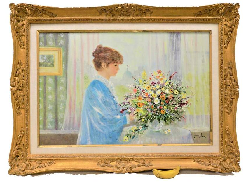GEORGE SHAWE - LARGE SUMMER BOUQUET PAINTING: George Shaw - American b1915 - Girl with Flowers Painting entitled "Summer Bouquet". Oil on Canvas. Signed Lower Right. Info Label en verso. 24" x 36". 33.50" x 46.50" Victorian style Gilt Frame. Prov