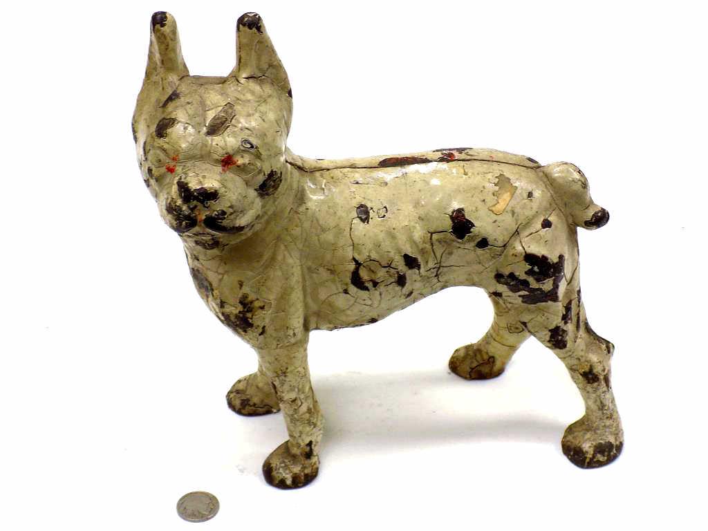 HUBLEY COLD PAINTED CAST IRON BOSTON TERRIER DOG: 1920'S Hubley Cold Painted Cast Iron Boston Terrier Dog Door Stop. 8" x 10"