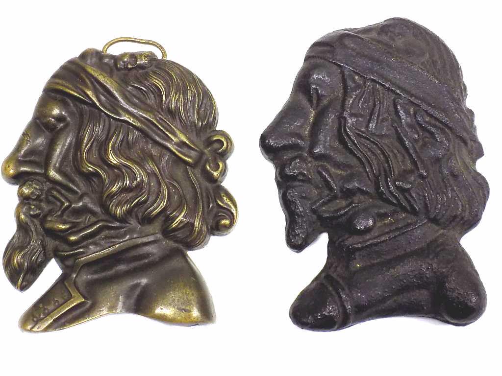 RENAISSANCE MAN EROTIC BRONZE SCULPTURES: Pair of Renaissance Man Sculptures. Bronze Casting, along with a Cast Iron version. Depicts Hidden Erotic Scenes of a Nude Lady and Erotic Couple. 4" x 5"
