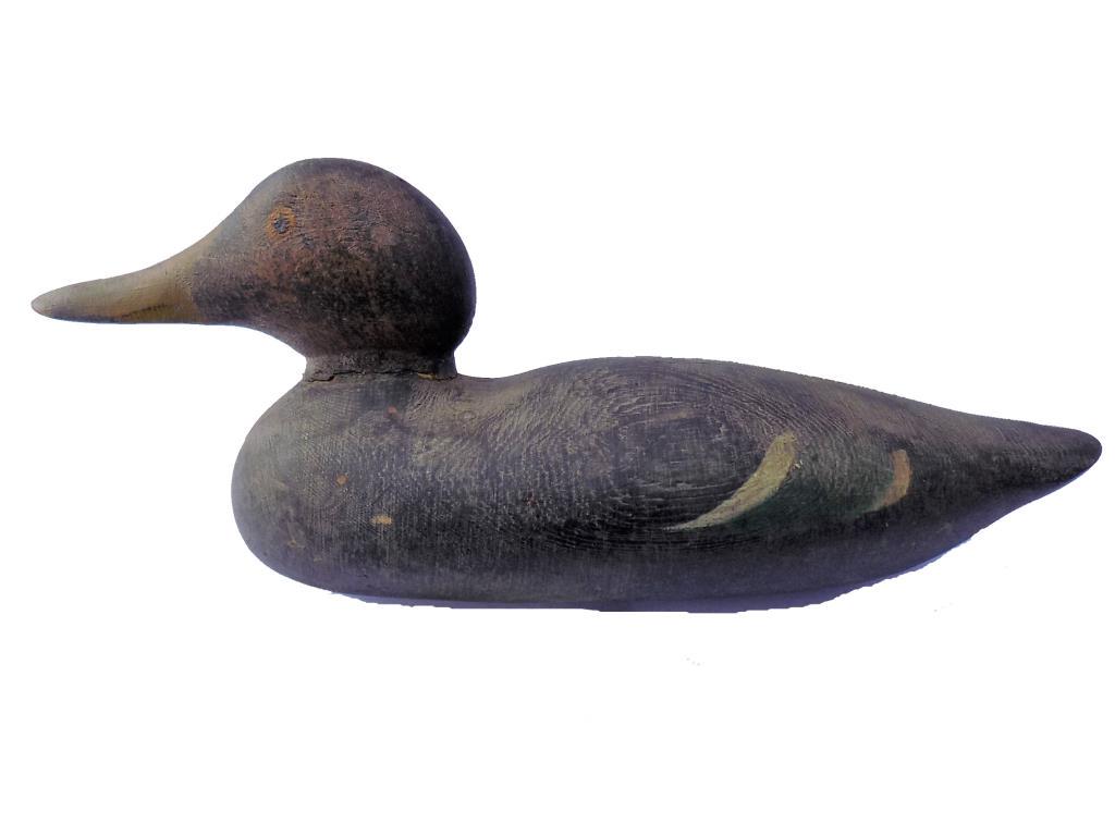 EARLY FOLK ART MASON HEN CARVED DUCK DECOY: Early Folk Art Mason Hen Duck Decoy. Masterfully Carved with Original Aged Paint Surface. Early Lead Weighted Base. 5.50" x 4" x 15.25". Provenance: From a Northfolk Long Island Estate.