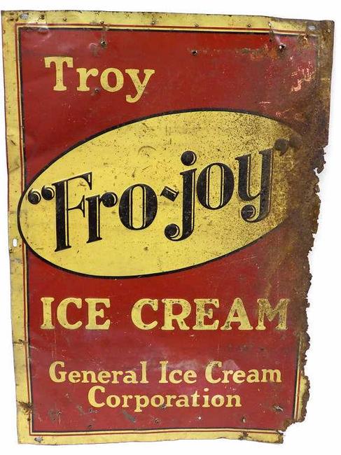 FRO JOY ICE CREAM TROY NY ADVERTISING SIGN: Old 1920's General Ice Cream Corporation Fro Joy Ice Cream Advertising Sign Troy (New York). Embossed Metal. 20" x 28"