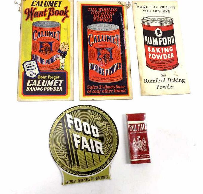 OLD STORE ADVERTISING MERCHANT NOTE TABLETS: Old Store Advertising Merchant Note Tablets. Including 2 Calumet Baking Powder, 1 Rumford Baking Powder. Food Fair Store Sewing Needles Giveaway, Pall Mall Cigarette Pack