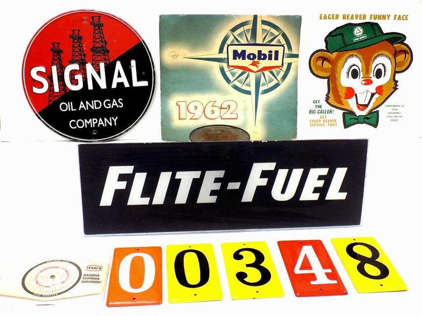 VINTAGE GAS STATION ADVERTISING LOT: Vintage Mobil 1962 Advertising Calendar, Cities Service Gas Station Eager Beaver Mascot Child's Paper Mask. Texaco Gasoline Economy Calculator, Signal Oil and Gas Company Reissue Metal Sign, Flite Fue