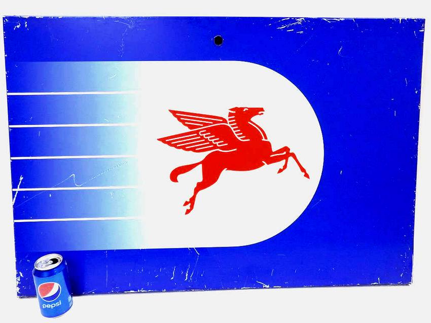 MOBIL PEGASUS STEEL GAS STATION ADVERTISING SIGN: Vintage Mobil Gas Station Retailer Advertising Sign. Red White & Blue with Red Pegasus Center Logo. Steel Metal. 24" x 36.50"