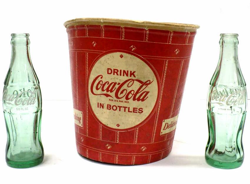 OLD COCA COLA BOTTLES & RARE BUCKET: Old Rare Waxed paper Coca Cola Bottle Bucket & 2 Glass Bottles made in Pittsburgh PA.