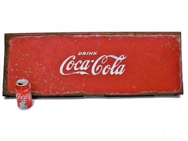 1950'S COCA COLA EMBOSSED STEEL SIGN: 1950'S Coca Cola Logo Embossed Steel Sign Lid from a Vendo Soda Cooler. 12" x 32.75"