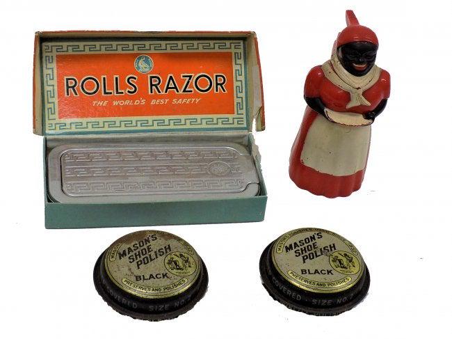ROLLS RAZOR W/ MASON'S SHOE POLISH JEMIMA PITCHER: 1935 Rolls Razor in Advertising Box. Along with a Pair of Mason's Shoe Polish Cans and 1950's Aunt Jemima Pitcher.