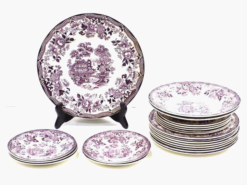 CLARICE CLIFF ROYAL STAFFORDSHIRE MULBERRY SET: Group of Vintage Clarice Cliff Mulberry Tonquin Royal Staffordshire Dinnerware. English Transferware Decorated with a Brookside Manor with Floral Borders. 23 Pieces Including: 1 Dinner plate, 10 Desse