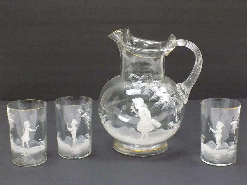 19TH CENTURY PATE SUR PATE BLOWN GLASS SET: 19th Century Early American Mary Gregory Pate sur Pate Pitcher & Set of 3 Drinking Glasses. Hand Blown. Decorated with Girls and Boys Holding Flowers. Pitcher Height 8.50" Glass Tumblers 4"
