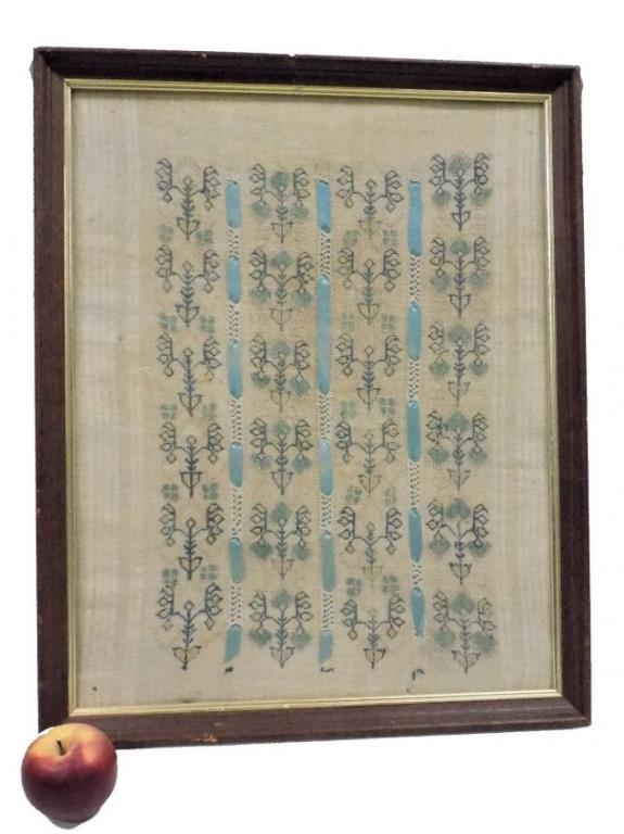 EARLY AMERICAN BELL FLOWERS SAMPLER: 18th Century Early American Bell Flower Needlework Sampler. 17 3/4" x 21 3/4" Framed.