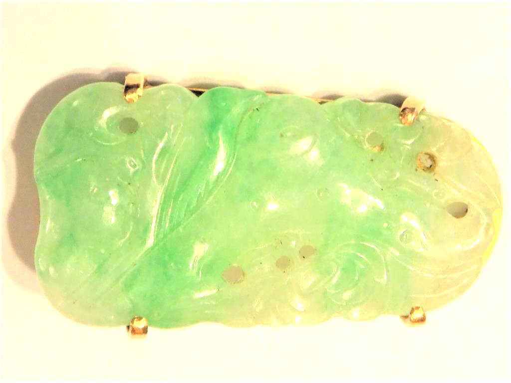 CHINESE 14K GOLD CARVED BIRD JADEITE JADE BROOCH (1 of 3)