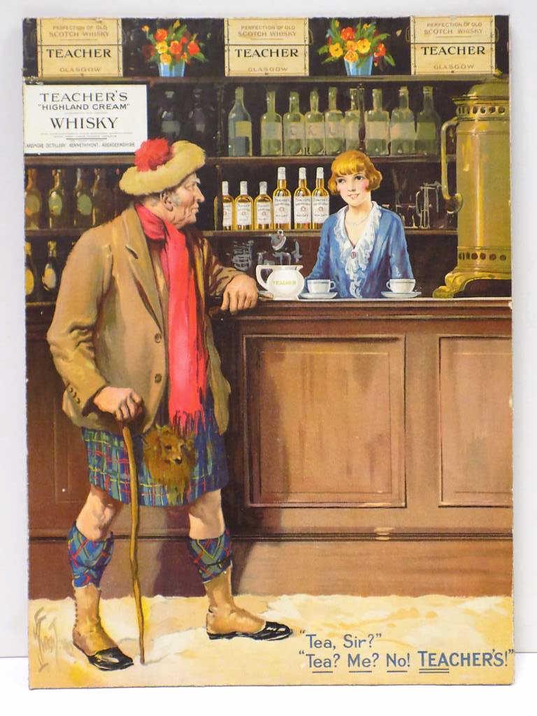 VINTAGE TEACHER WHISKEY LITHOGRAPHIC ADVERTISEMENT: Vintage Teacher Brand Whiskey Lithographic Advertisement on Cardboard. 13.25" x 18.50". Artist name lower left.