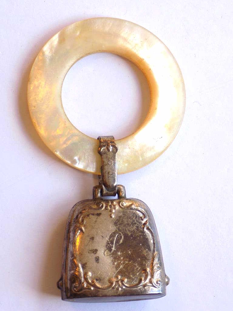 VICTORIAN SILVER & PEARL TEETHING RING RATTLE: Victorian Silver Bell Baby Rattle with Mother of Pearl Teething Ring. Initialed P.