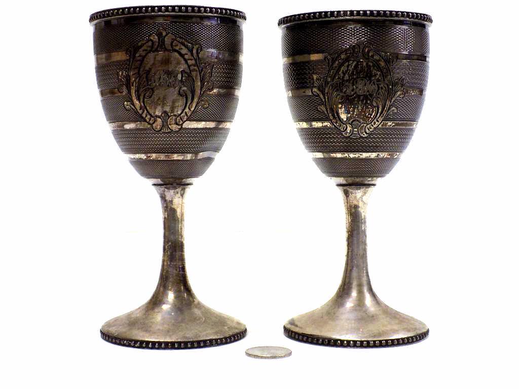 EARLY ROGERS SMITH & CO. SILVER WINE GOBLETS: Pair Late 19th Century Rogers & Smith Co. Silver plate Wine Goblets. Engine Turned with Beaded Borders. Scolled Cartouche. Height 7"