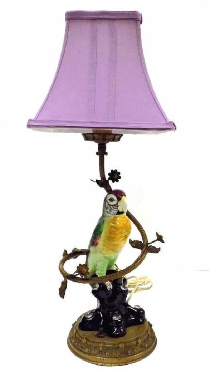 MAJOLICA PARROT GILT METAL TABLE LAMP (1 of 4)