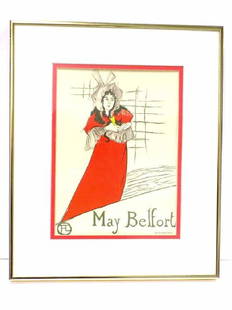 TOULOUSE LAUTREC - MAY BELFORT PARIS LITHOGRAPH: Henri De Toulouse Lautrec - France 1864-1901 - Vintage May Belfort and her Cat Color Lithograph. Edward Ancourt - Paris lower right. 13.50" x 16" Framed & Matted.