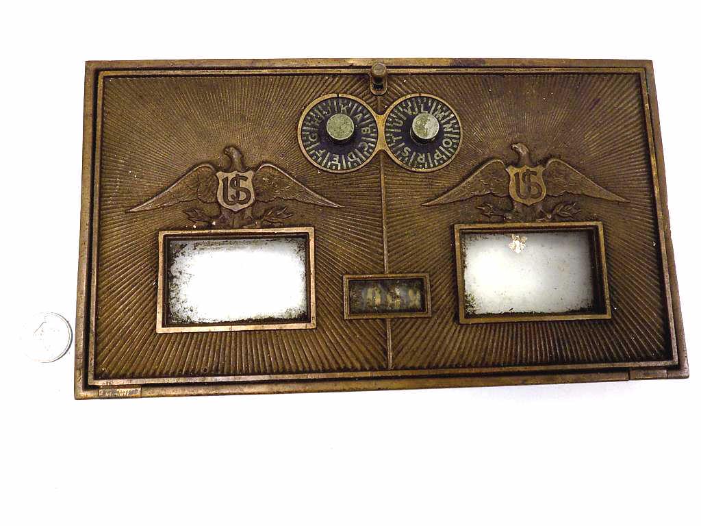 AMERICAN EAGLE U.S. POST OFFICE MAIL BOX DOOR: Corbin Authentic United States Postal Service Bronze PO Box Mail Box Door. Large Double Sculpted Early American Eagles with U.S. Shields and Glass Window. Dual Combination Knobs. 6 3/4" x 11". A Piece