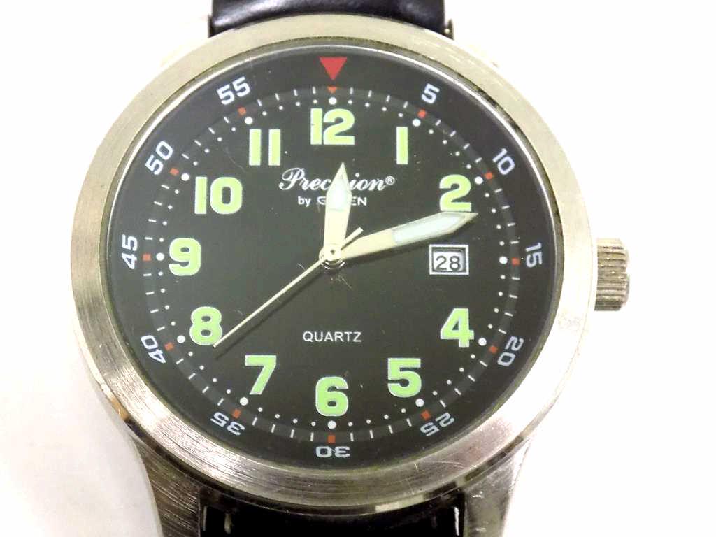 GRUEN PRECISION MENS MILITARY WRISTWATCH: Gruen Precision Men's Military Wristwatch. Japanese movement. Glow in the Dark Number Dial with Day Display. Leather Strap. Working Order.