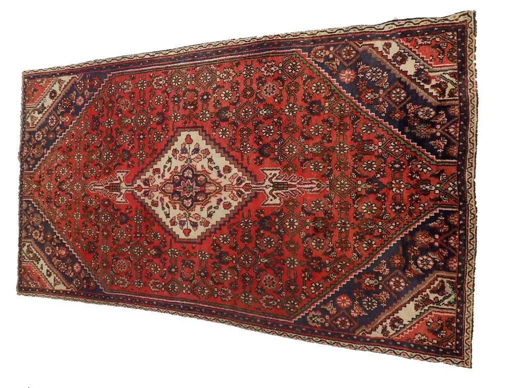 ANTIQUE HAMEDAN PERSIAN HAND TIED PRAYER RUG: Semi Antique Hamedan Persian Rug. Made in Iran. Vibrant Red, Indigo and Ivory Center Medallion. Hand Tied Wool. 4.5" x 8.5"