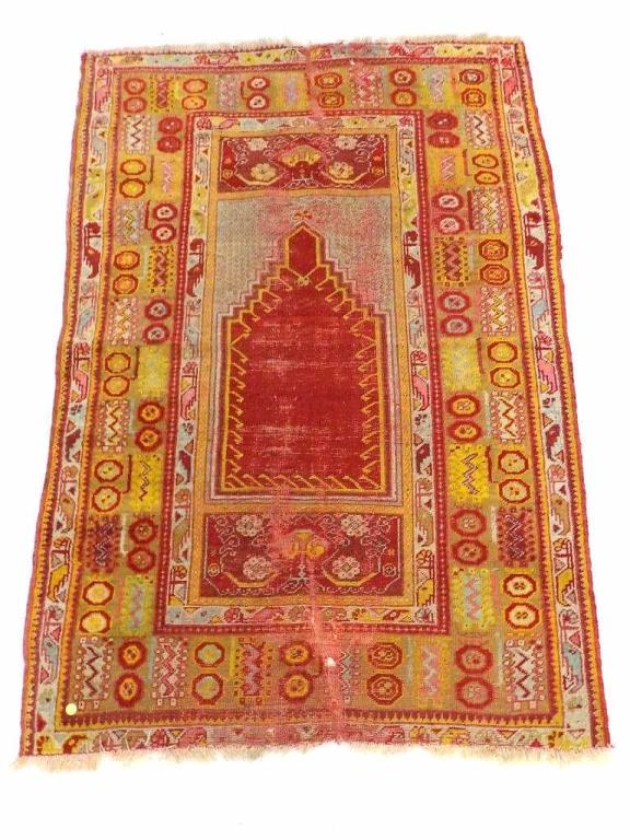 GOLDEN YELLOW PERSIAN PRAYER RUG: Antique Persian Prayer Rug. Hand Tied. Yellow and Red Dyes. 3.5" x 5". Natural wear / imperfections.