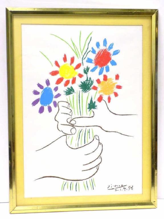 PICASSO - BOUQUET DE FLEURS LITHOGRAPH: Pablo Picasso Spanish American 1881-1973 - 1958 Color Lithograph of a Hand Holding Flowers. Signed & Dated 2/18/58 in Plate. 20.50" x 27.50" Framed (dents