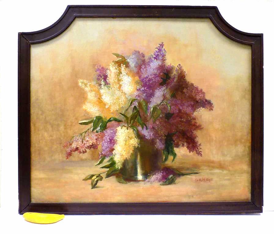 G.A. HAYS - LILACS STILL LIFE PAINTING: G.A. Hays - American Rhode Island Massachusetts New Hampshire 1854-1945 - Detailed Floral Still Life Painting of Lilacs in a Vase. Oil on Canvas. Signed Lower right. Custom Wooden Frame 29" x 34"