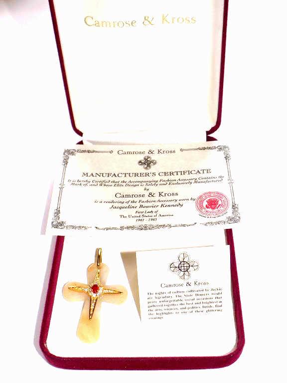 JACQUELINE KENNEDY JEWELRY CROSS PENDANT REPLICA: Camrose & Kross Exact Replica Onyx with Gold plated Starburst and Simulated Diamond & Ruby Necklace Pendant. As worn by Jacqueline Bouvier Kennedy to the Official State Dinner for the Shah and Empress