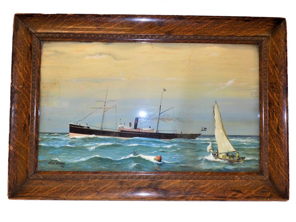 WILLBERG - FERRO SHIP NAUTICAL WATERCOLOR: Onni Willberg - American 20th Century - Detailed Nautical Scene Watercolor Painting. Depicting a Large Sailing Cargo Ship Named Ferro. Figures in a Motor Boat along side. Signed and Dated 1906 Lower L