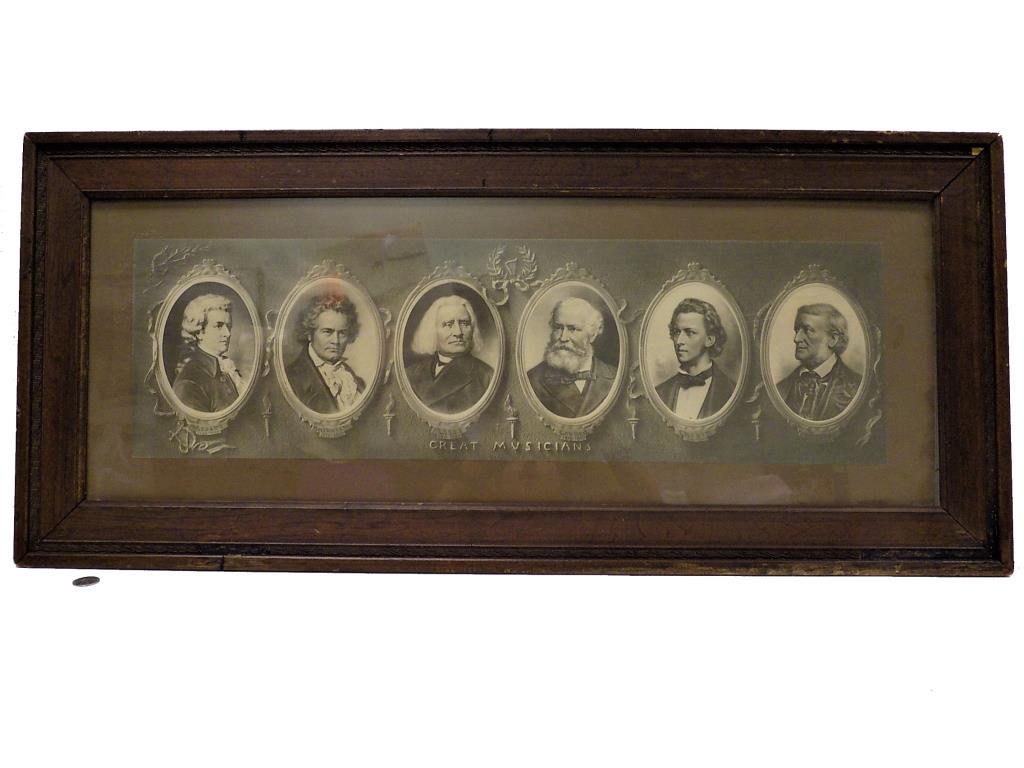 GREAT MUSICIANS / COMPOSERS LITHOGRAPH PRINT: Antique Lithograph Print Entitled Great Musicians. Featuring Mozart, Beethoven, Liszt, Gounod, Chopin, Wagner. Antique Frame 17" x 38"