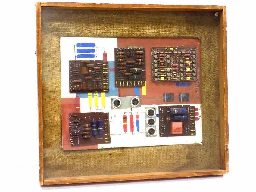 MIDCENTURY CIRCUIT BOARD MODERN MIXED MEDIA ART: Midcentury Modern Art Mixed Media Circuit Board Painting. Incorporating actual electronics. Teak shadowbox frame with burlap border. 19" x 21"