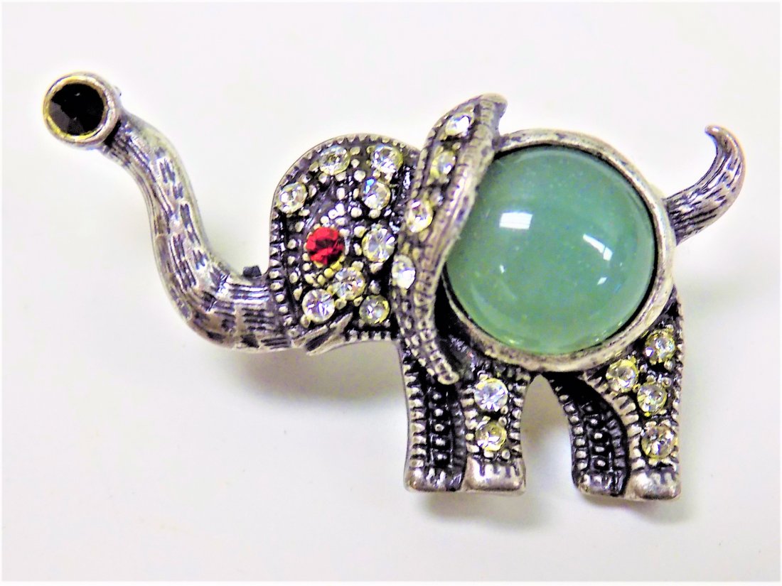 CHINESE SILVER & JADE ELEPHANT BROOCH (1 of 1)