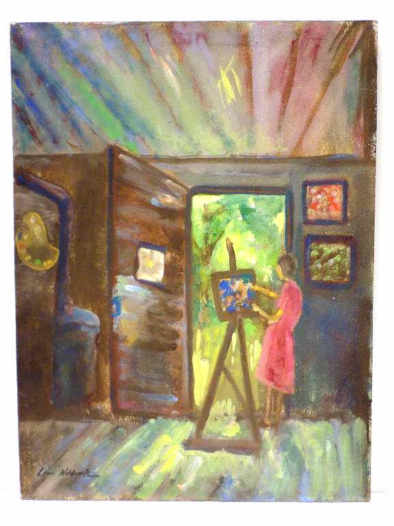 LOUIS WOLCHONOK - ARTIST STUDIO PAINTING: Louis Wolchonok American Woodstock New York 1898-1973 - Artist Painting in a Studio. Oil Painting on Masonite. Signed Lower Left. Sitter identified as Blanch on rear. 18" x 24". Provenance: New York E