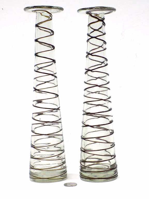 EARLY HAND BLOWN ART THREADED SWIRL GLASS VASES (1 of 3)