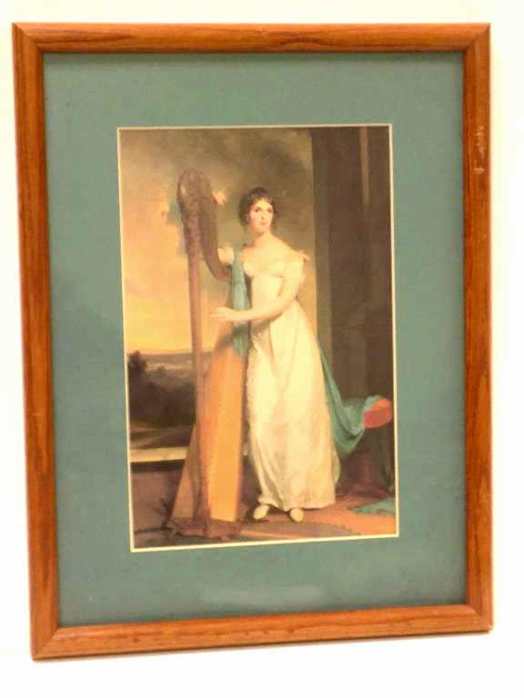 VICTORIAN MAIDEN WITH HARP LITHOGRAPH: Victorian Maiden with Harp Color Lithograph. 13" x 17" Oak Frame.