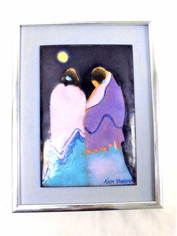 ANN STUEVER SOUTHWESTERN INDIAN ENAMEL PAINTING: Ann Stuever - American 20th Century - Southwestern Indian Enameled Painting on Copper. Signed Lower Right Margin. 6.25" x 8.25" Silver Frame.