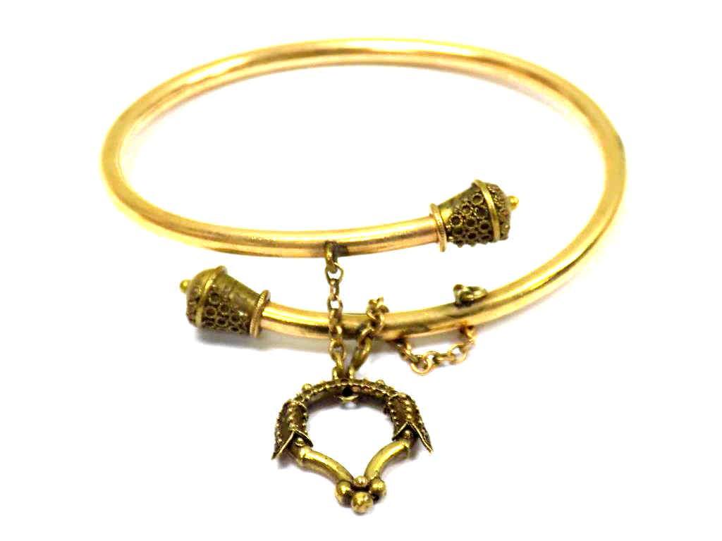 VICTORIAN AESTHETIC GOLD FILLED BRACELET: 19th Century Victorian Aesthetic Gold Filled Bracelet with Dangling Pendant and Chain. Diameter 2.25"