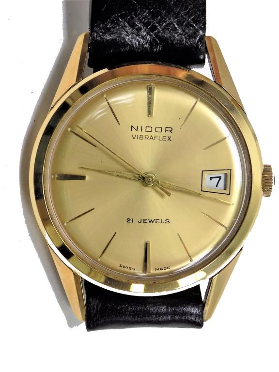 14K GOLD NIDOR VIBRAFLEX 21 JEWEL MENS WRISTWATCH (1 of 4)