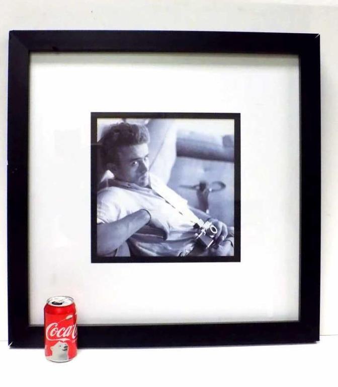 JAMES DEAN PICTURE WITH CAMERA: James Dean Black & White Image with Camera. Modern Frame 26" x 26"
