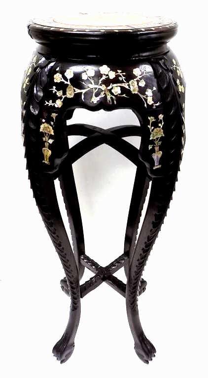 EXQUISITE CHINESE ROSEWOOD ABALONE STAND: Exquisite Chinese Rosewood Stand. Surrounding Abalone Peony and Blossom Inlay. Detailed Carved Peony Legs and Base Extending Into Claw and Ball Feet. Rose Marble Top. Approximately 36" x 13" x 13". Sl