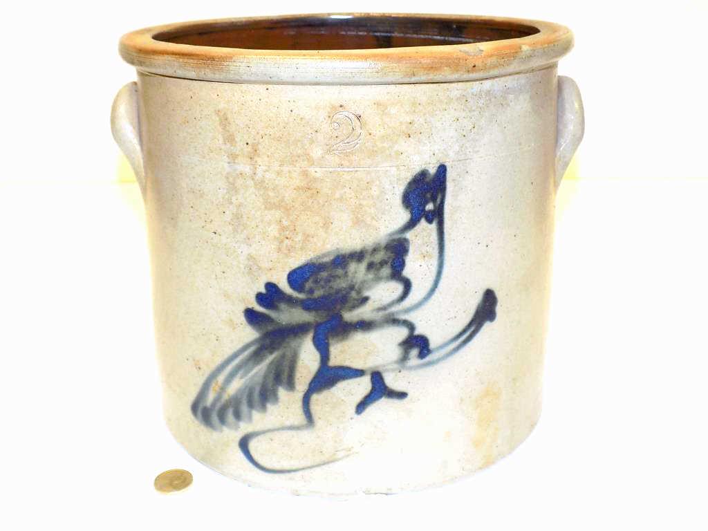 19TH CENTURY BLUE SLIP BIRD STONEWARE CROCK (1 of 3)