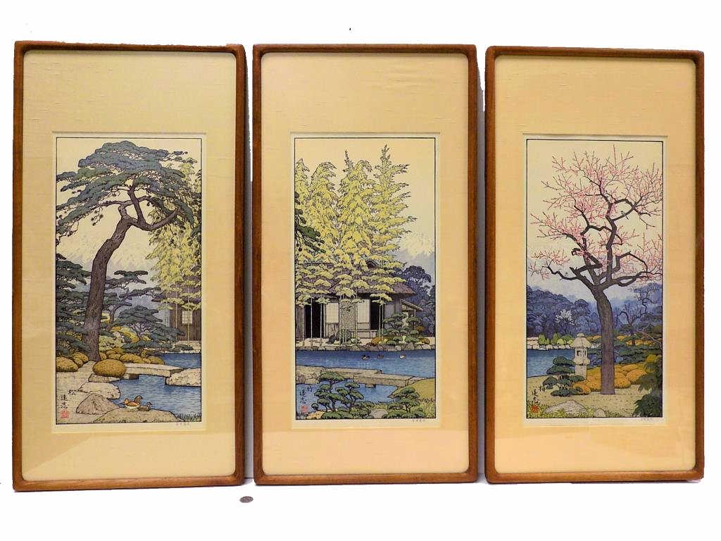 TOSHI YOSHIDA - FRIENDLY GARDEN SIGNED PRINT SET: TOSHI YOSHIDA Japan 1911-1995 Friendly Garden Tryptich Set of 3 Colored Woodblock Prints. 21" x 10" "Plum tree Of The Friendly Garden", "Bamboo Of The Friendly Garden" and "Pine Tree Of The Friendly G