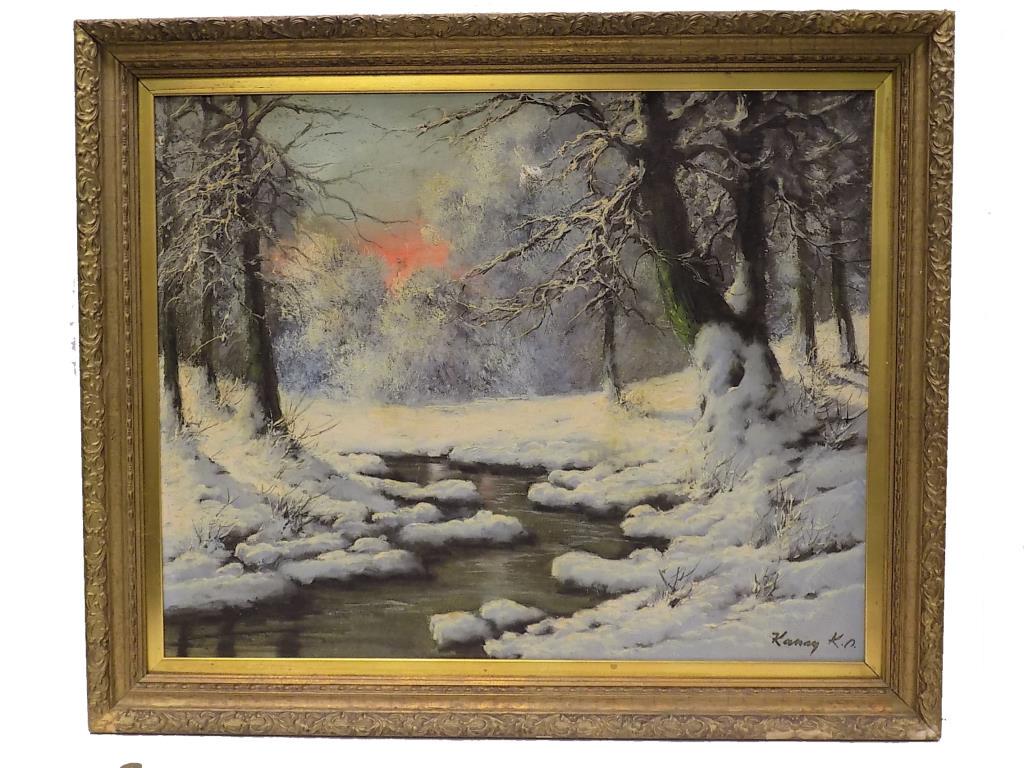 KANAY ? WINTER WOODLANDS SUNSET PAINTING: Kanay K.O. - 20th Century - Big Detailed Painting of a Winter Woodlands Landscape at Sunset. Oil on Canvas. Signed Lower Right. 24" x 30". 29.50" x 35.50" Ornate Gilt Frame.