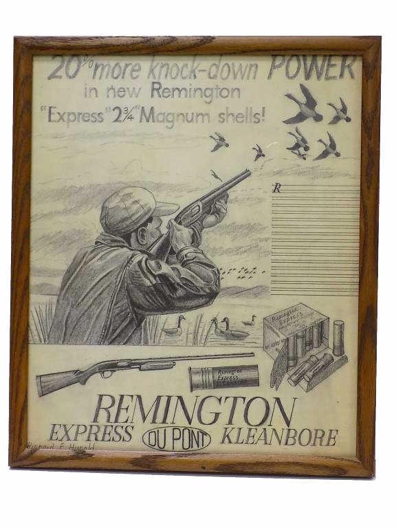 HUNOLD - ORIGINAL REMINGTON ADVERTISEMENT DRAWING: Richard E. Hunold - American 20th Century - Original Pencil Drawing of the Remington Express Kleanbore Magnum Shells Advertising Poster for DuPont. Depicting a Hunter with Shotgun. Signed Lower Left.