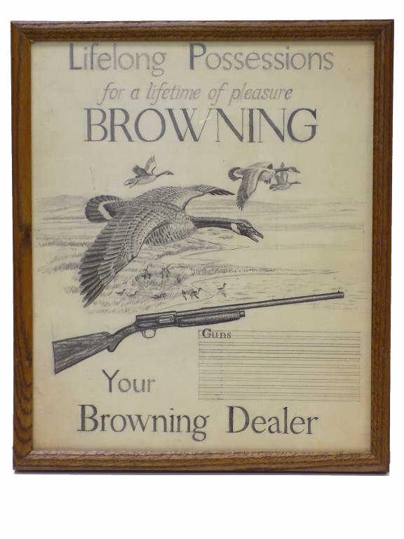HUNOLD - ORIGINAL BROWNING ADVERTISEMENT DRAWING: Richard E. Hunold - American 20th Century - Original Pencil Drawing of the Browning Shotgun Dealer Advertising Poster. Depicting a Hunting Shotgun. with Flying Geese. 15" x 17.50" Oak Frame Measuremen