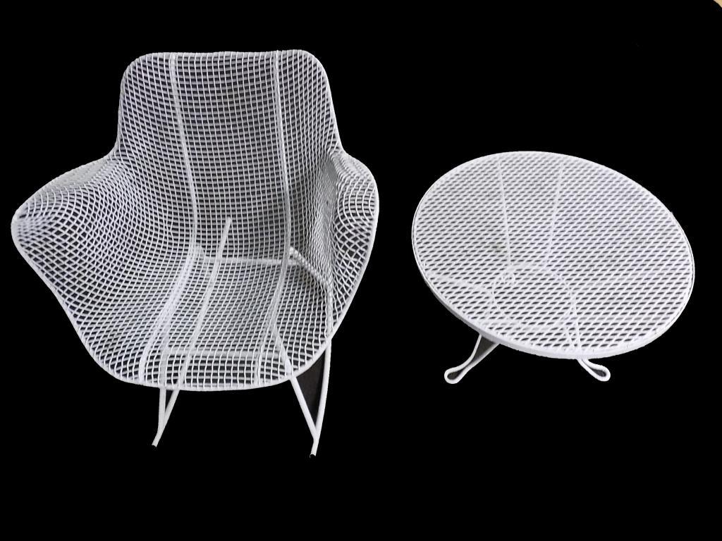 BERTOIA ? MIDCENTURY MODERN TABLE & CHAIR SET: Bertoia ? Midcentury Modern Wire Form Designer Rocking Chair & Low Table Set in White Paint. 27.25" Height x Length 26.50" x Depth 18.50". From a New York Estate.