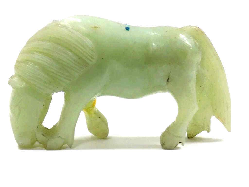 CHINESE JADEITE HORSE CARVING: Antique Chinese Jadeite Horse Carving. Height 1.50" x Length 2.50". Old Leg repair.