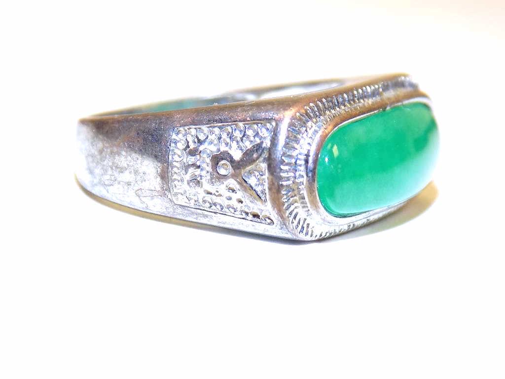 CHINESE SILVER TRANSLUCENT JADEITE RING: Chinese Silver Translucent Jadeite Ring. Size 8 1/2".