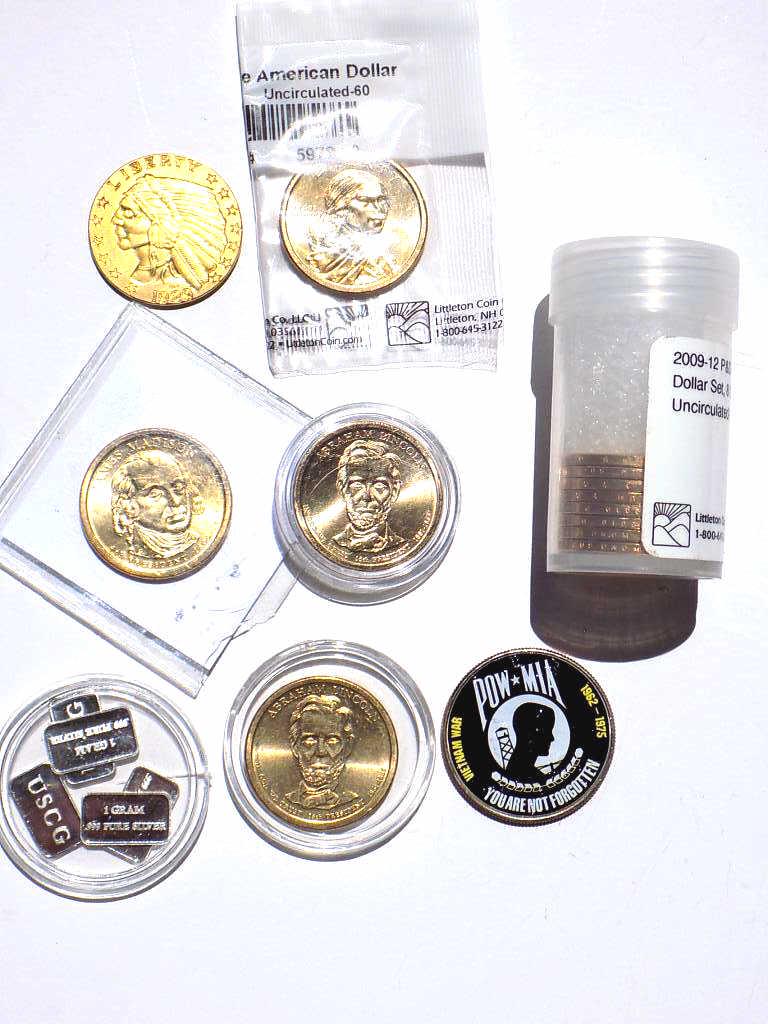 1929 GOLD INDIAN COPY AND OTHER COINS: 1929 Goldplated Indian Head Coin Copy, 5 Pure Silver 1 Gram Bars, Pow Mia Vietnam War Half Dollar U.S. Mint, 2 Uncirculated Abraham Lincoln & 1 James Madison Gold plated Presidential Series Dollar Coi